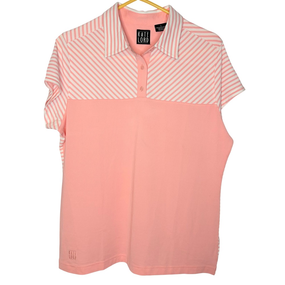Tennis Prep Kate Lord Polo Shirt L Stripe Peach Golf Sporty Short Sleeve Top